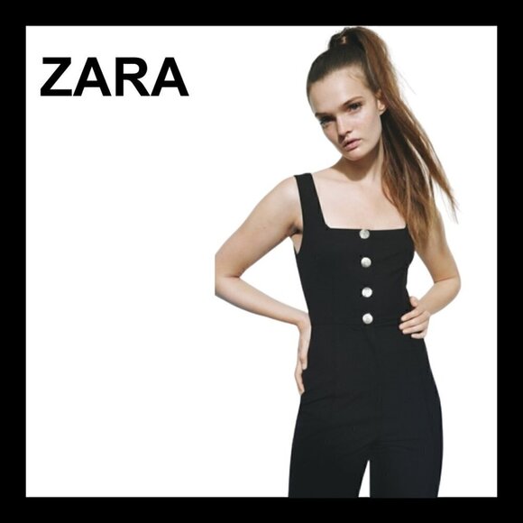 NWOT ZARA Black square neck gold buttons jumpsuit - Picture 1 of 13